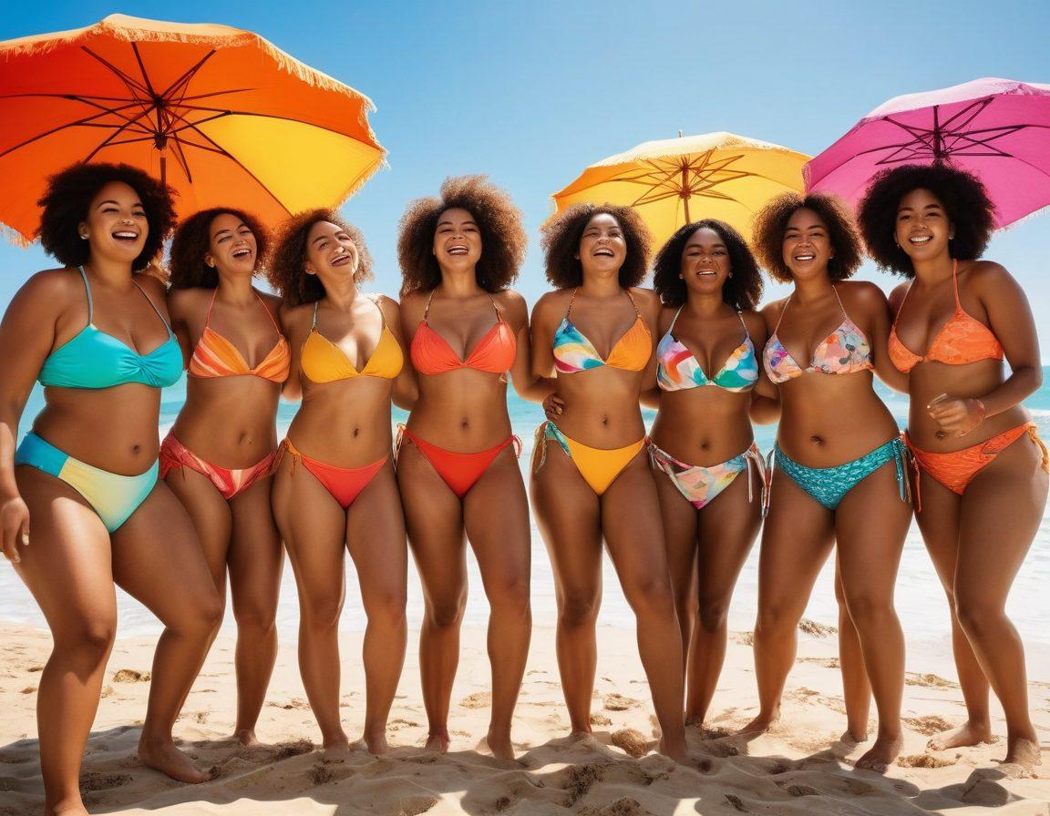 A diverse group of women confidently wearing vibrant, stylish bikinis, showcasing various body types on a sunny beach with playful waves in the background. They are laughing and celebrating together, embodying body positivity and self-love. Bright beach umbrellas and colorful beach towels complete the scene, promoting a joyful atmosphere. capture the essence of fun and empowerment associated with bikini fashion. super-realistic. vibrant colors. sunny atmosphere.